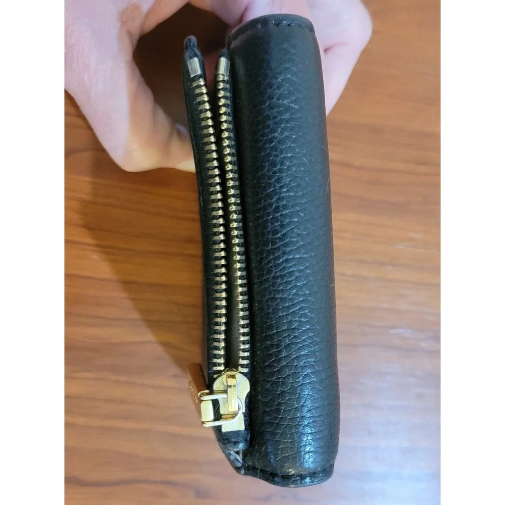 Michael Kors Black Pebbled Leather Bifold Compact Wallet Gold Logo Zipper Pocket